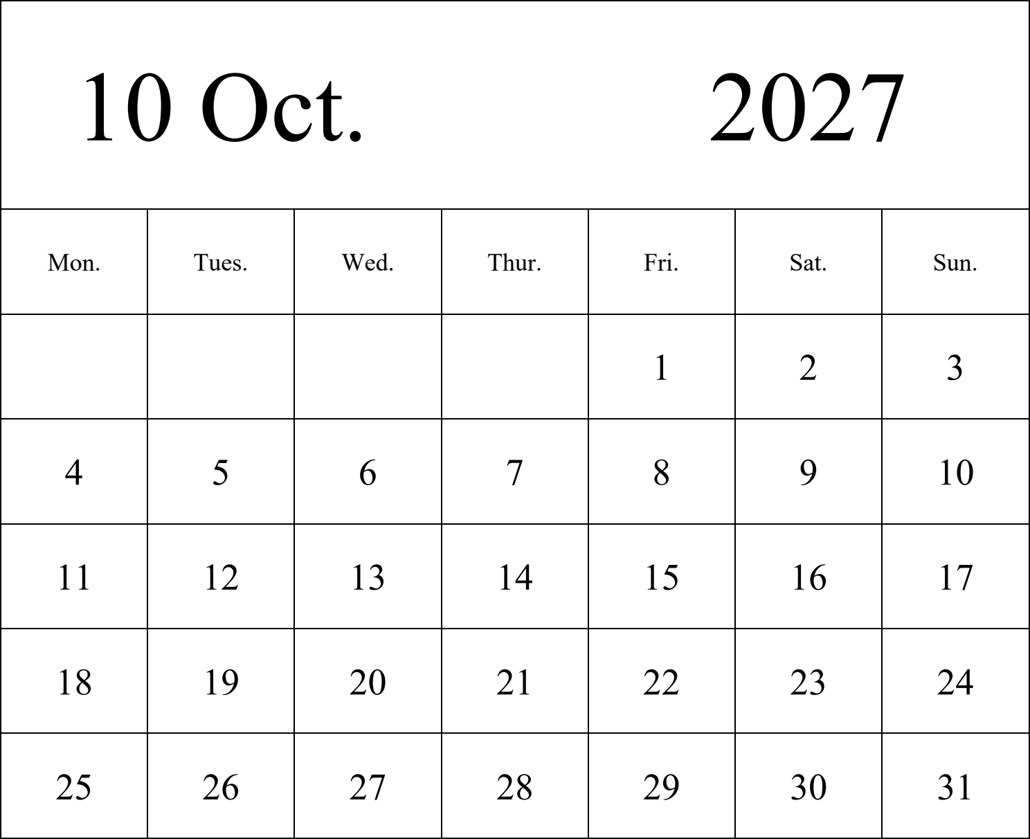 日历表2027年日历 英文版 纵向排版 周一开始 带节假日调休安排